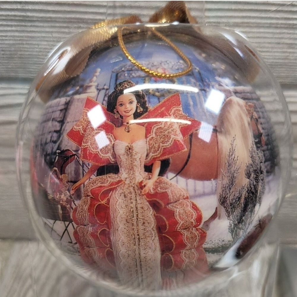 Barbie Christmas Ornament Pink Holiday‎ Decoupage Stand Doll Red Ribbon Dress 97